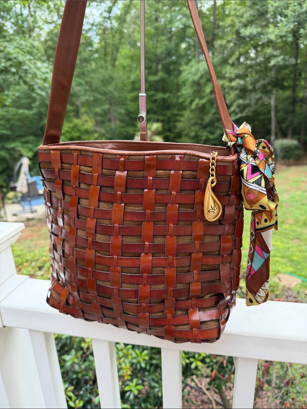 Sharif Vintage Leather Woven Shoulder Bag in Cognac Brown